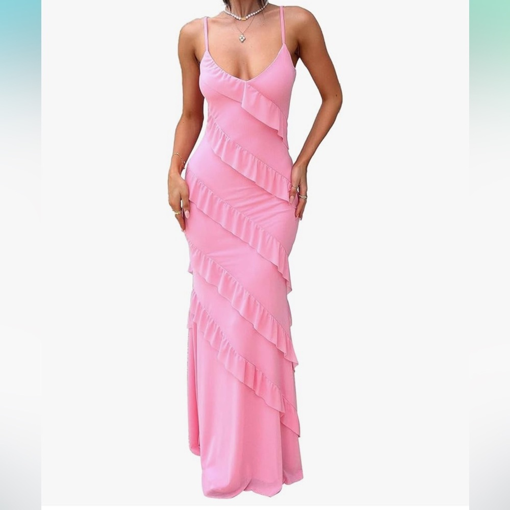 Elegant Pink Stretchy Ruffle Maxi Dress size Medium
